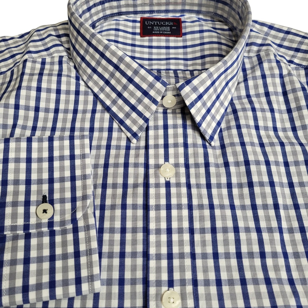 UNTUCKit Mens XX Large Blue Grey Gingham Check Long Sleeve Button Down Shirt NWT